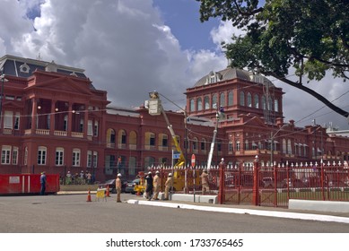 Port Of Spain, Trinidad 01-21-2020. Workers Finish Off Final Touches On The Red House Before Its Opening. 