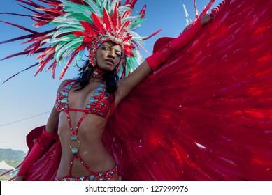PORT OF SPAIN, TRINIDAD - FEB 12: A Female Masquerader enjoys herself in the Harts Carnival presentation 'Je Taime Carnival', February 12, 2013 in Port of Spain, Trinidad.