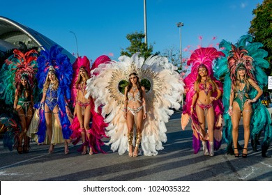 PORT OF SPAIN, TRINIDAD - February 13:  Masqueraders enjoy themselves in the Harts Carnival presentation-Shimmer and Lace-, February 13, 2018 on the streets of Port of Spain, Trinidad.
