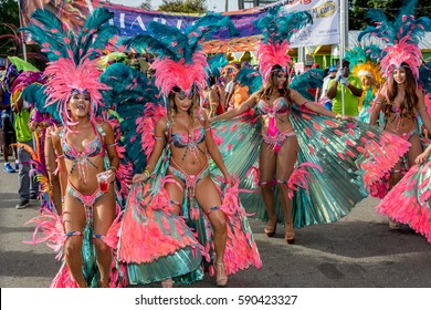PORT OF SPAIN, TRINIDAD - February 28:  Masqueraders enjoy themselves in the Harts Carnival presentation-Ultraviolet Jungle-, February 28, 2017 on the streets of Port of Spain, Trinidad.
