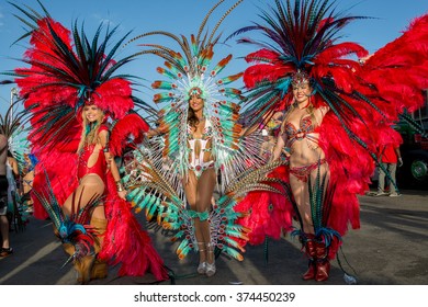 PORT OF SPAIN, TRINIDAD - February 9: Female Masqueraders enjoys themselves in the Harts Carnival presentation-Vogue-, February 9, 2016 on the streets of Port of Spain, Trinidad.