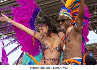 PORT OF SPAIN, TRINIDAD – March 5:  Masqueraders enjoy themselves in the Harts Carnival presentation-Legendary-, March 5, 2019 in Port of Spain, Trinidad.