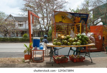 Port Of Spain, Trinidad And Tobago - April 30, 2016: Coconut Stand On The Street Of The Trinidad And Tobago Capital City - Port Of Spain.