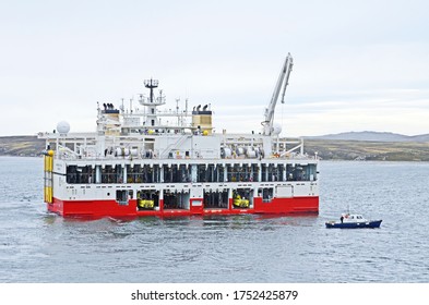 Port Stanley, Falklands Islands - January 8 2014: The Ramform Titan Is The Most Powerful And Efficient Marine Seismic Acquisition Vessel Ever Built And The Widest Ship In The World At The Waterline.