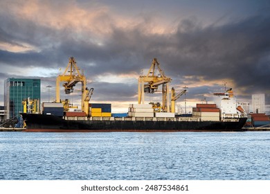Port at sunset, control loading containers box from Cargo freight ship for import and export, transport