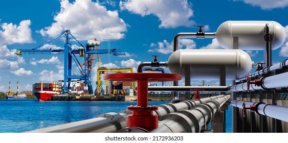 Port terminal. Berth for unloading liquefied gas. Supply of liquefied gas across ocean. Terminal for loading gas onto ships. LNG equipment near sea. Port crane unloading ship in background.  - Shutterstock ID 2172936203