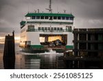  Port Townsend-Coupeville Ferry docking in Keystone, WA. Washington State Ferries travel from Keystone across Admiralty Inlet to deliver ferry travelers to the Olympic Peninsula via Port Townsend.