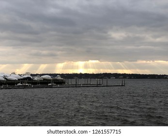 Port Washington NY Manhasset Bay Sunset With Boats.