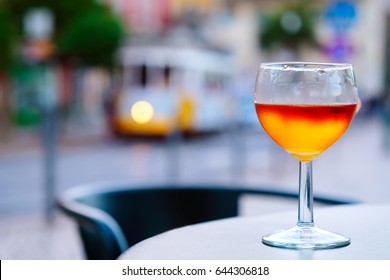 Port Wine Glasses In The Cafe Of Lisbon, Portugal