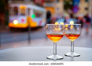Port Wine Glasses At Outdoor Cafe Of Lisbon, Portugal