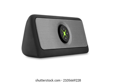 Portable Black Speaker For Listening To Music Via Bluetooth Close-up Isolated On White Background. Mini Speaker For Music With Lime Green Element