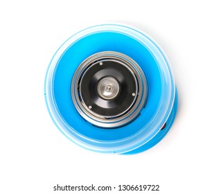 Portable candy cotton machine on white background, top view