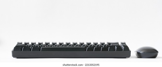 Portable Computer Keyboard Equipped With Mechanical Switches And A Black Computer Mouse On A White Background. Wireless Input Devices For Gadgets. Copy Space. Side View. Close-up