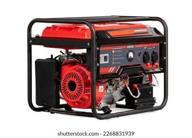 Portable electric AC generator, isolated on white. Diesel or petrol generator for home and industrial use. Gasoline powered engine. Backup energy.