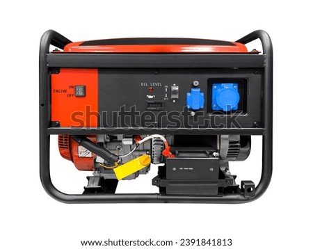 Portable electric AC generator isolated on white background. Diesel or petrol generator for home and industrial use. Gasoline powered engine. Backup energy.