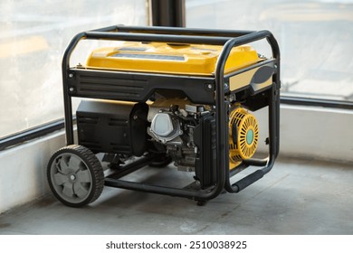 Portable electric generator running in the cold winter.Energy genocide. Small business use gasoline generators