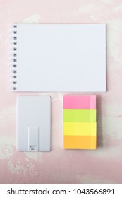 Portable Flash Drive Card Or Bussines Card, Notebook, Pen, On Pink Background.mock Up