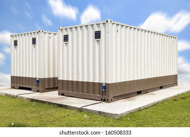 Portable Office Container Or Prefabricated Modular Building. That Small Mobile Workspace, Temporary Work Area, Store Or Storage Room For Construction Site. Consist Of Metal Box And Ventilation Fan.