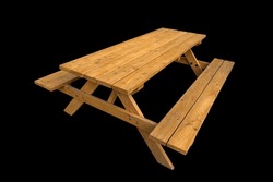 The Portable Outdoor Table With Benches Is Made Of Wood. A New Picnic Table.The Picnic Table Is Isolated On A Black Background.