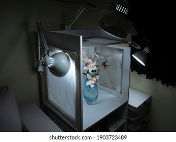 Portable Photography Light Box Studio With Three Attached Adjustable Lights Together With Various Light Filters. Photo Subject Is White Flowers In A Translucent Blue Vase. 