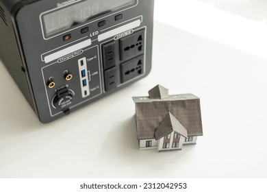 Portable power station charging devices on floor in living room - Shutterstock ID 2312042953
