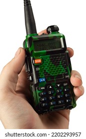 Portable Radio In A Human Hand On A White Background Close Up