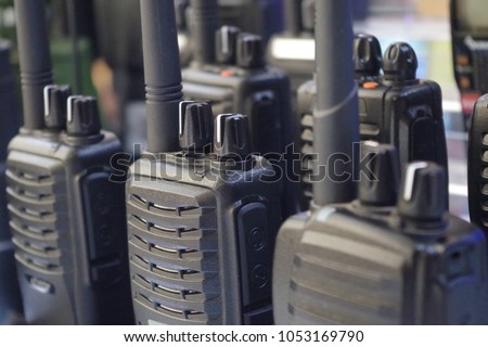 Portable radio transceiver sets for professionals or personal usage. Portable walkie talkie. Communication icon.