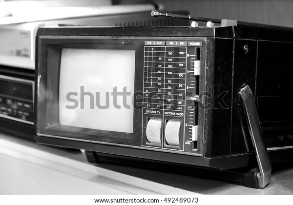 portable
tv old retro vintage background black and
white