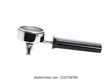 portafilter of a espresso coffee maker for making black coffee, an accessory for cafe made of brass metal and a plastic holder handle object side view isolated on a white background.