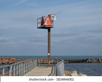 Portage, IN, USA - November 26, 2016: A Photo Of A Hazard Light On The Port Of Indiana Walkway With An Intention Blurred Background.
