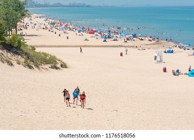 Portage, Indiana, USA. August 1. 2018. Beach Scene On A Sunny Day At Indiana Dunes State Beach,  Lake Michigan.