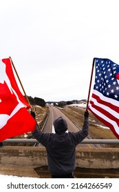 Portage, Wisconsin USA - March 4 2022 Protesters And Truckers In The 