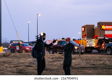 Portage, Wisconsin USA - March 4 2022 Protesters And Truckers In The 