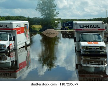 PORTAGE, WISCONSIN / USA - September 5, 2018: Historic Flooding As The Baraboo River Overflows Its Banks