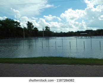 PORTAGE, WISCONSIN / USA - September 5, 2018: Historic Flooding As The Baraboo River Overflows Its Banks