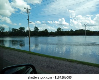 PORTAGE, WISCONSIN / USA - September 5, 2018: Historic Flooding As The Baraboo River Overflows Its Banks