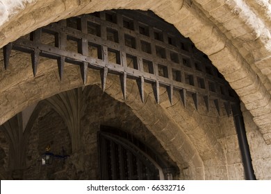 Portcullis at the entrance to a medieval castle
