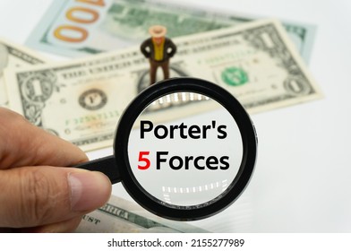 Porter's 5 Forces.Magnifying glass showing the words.Background of banknotes and coins.basic concepts of finance.Business theme.Financial terms. - Shutterstock ID 2155277989