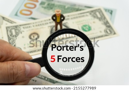 Porter's 5 Forces.Magnifying glass showing the words.Background of banknotes and coins.basic concepts of finance.Business theme.Financial terms.