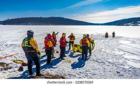 Portersville, Pa., USA - February 21, 2021:  Ice Water Rescue Training Class With Firemen And Paramedics At Moraine State Park, Pa..