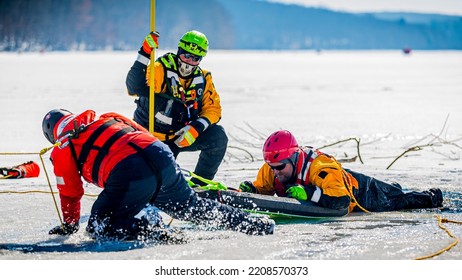 Portersville, Pa., USA - February 21, 2021:  Ice Water Rescue Training Class With Firemen And Paramedics At Moraine State Park, Pa..