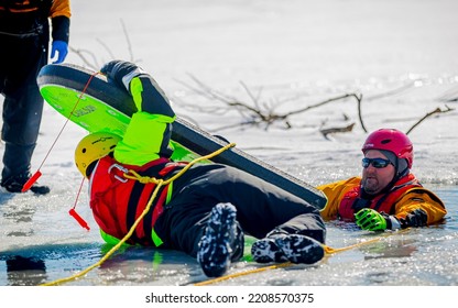 Portersville, Pa., USA - February 21, 2021:  Ice Water Rescue Training Class With Firemen And Paramedics At Moraine State Park, Pa..