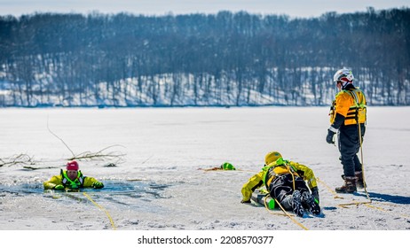 Portersville, Pa., USA - February 21, 2021:  Ice Water Rescue Training Class With Firemen And Paramedics At Moraine State Park, Pa..