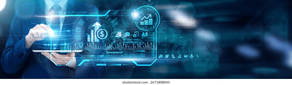 Portfolio Manager - Venture Capitalist using tablet analyzing Investment asset allocation ratios and startup valuation trends, market volatility indices. ROI projection algorithms.