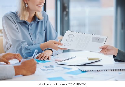 Portfolio, Report And Meeting On Financial Documents For Business Investors To Review The Revenue Performance Analytics Data. Executive People With Paperwork After Planning Investment Growth Strategy