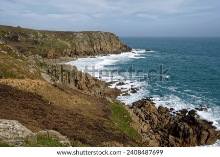 Porth Chapel bay and Pedn-mem-an-mere viewed from Carn Barges, West Penwith, Cornwall, UK