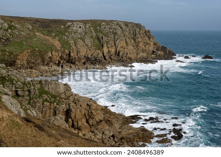 Porth Chapel cove and Pedn-mem-an-mere viewed from Carn Barges, West Penwith, Cornwall, UK