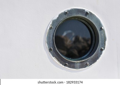 Porthole In The White Hull Of Passenger Ship. Marine Background