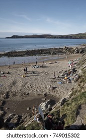 PORTHSELAU, WALES, UK - AUGUST 2017: View Of Popular Porthselau Camping Ground Beach With People Having Summer Fun - Pembrokeshire, Wales.