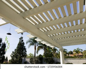 Portico Awning Wooden Sun Shade Ove Back Porch With Slats And Blue Sky